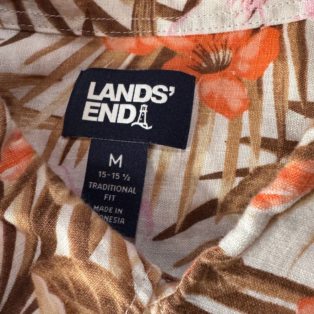 Lands End Medium 15-15 1/2 Traditional Fit Shirt Button-Up Linen Hawaiian Floral - Picture 5 of 6